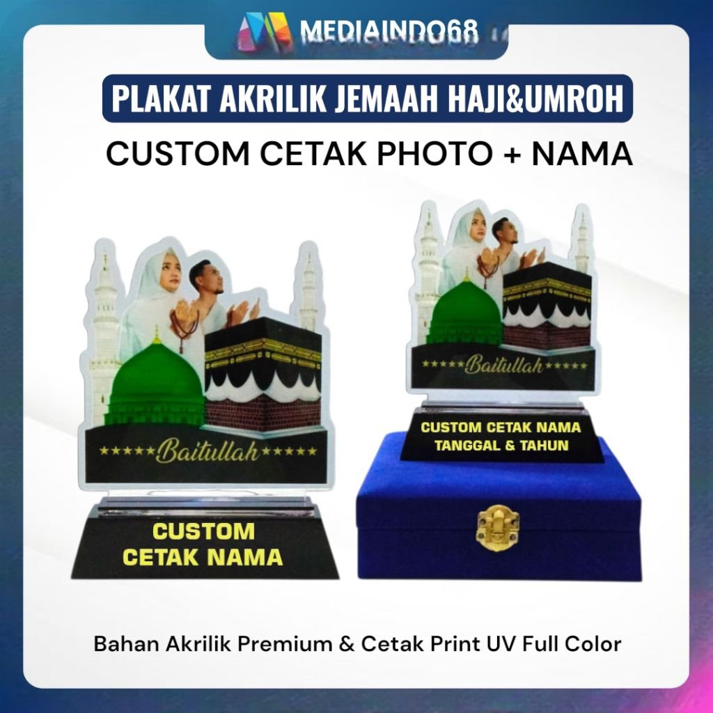 Plakat Akrilik Custom Jamaah Haji & Umroh | Cetak Foto + Nama | Print UV Premium | Souvenir Kenang-Kenangan