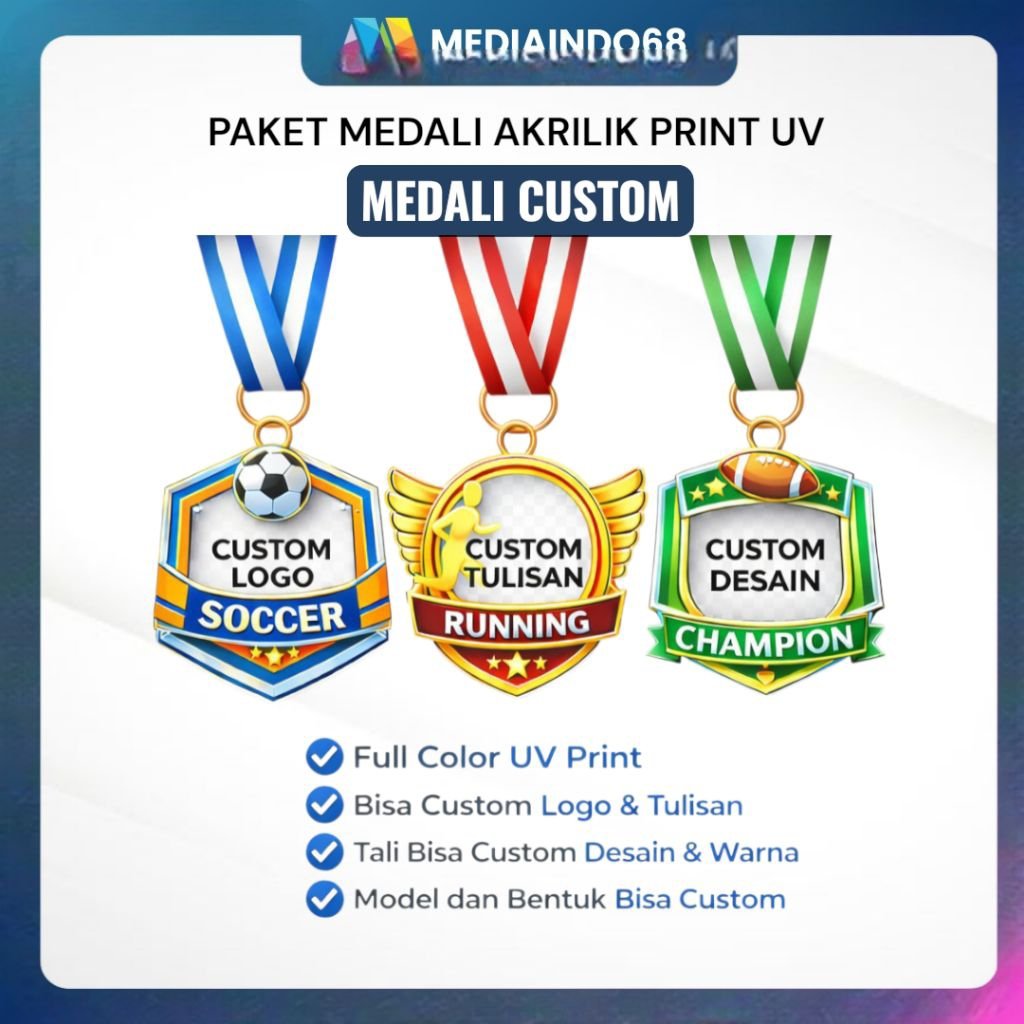 Paket Medali Custom Akrilik 3mm – Print UV Full Color – Ukuran 6,5x8 cm – Tali Full Color 2,5 cm
